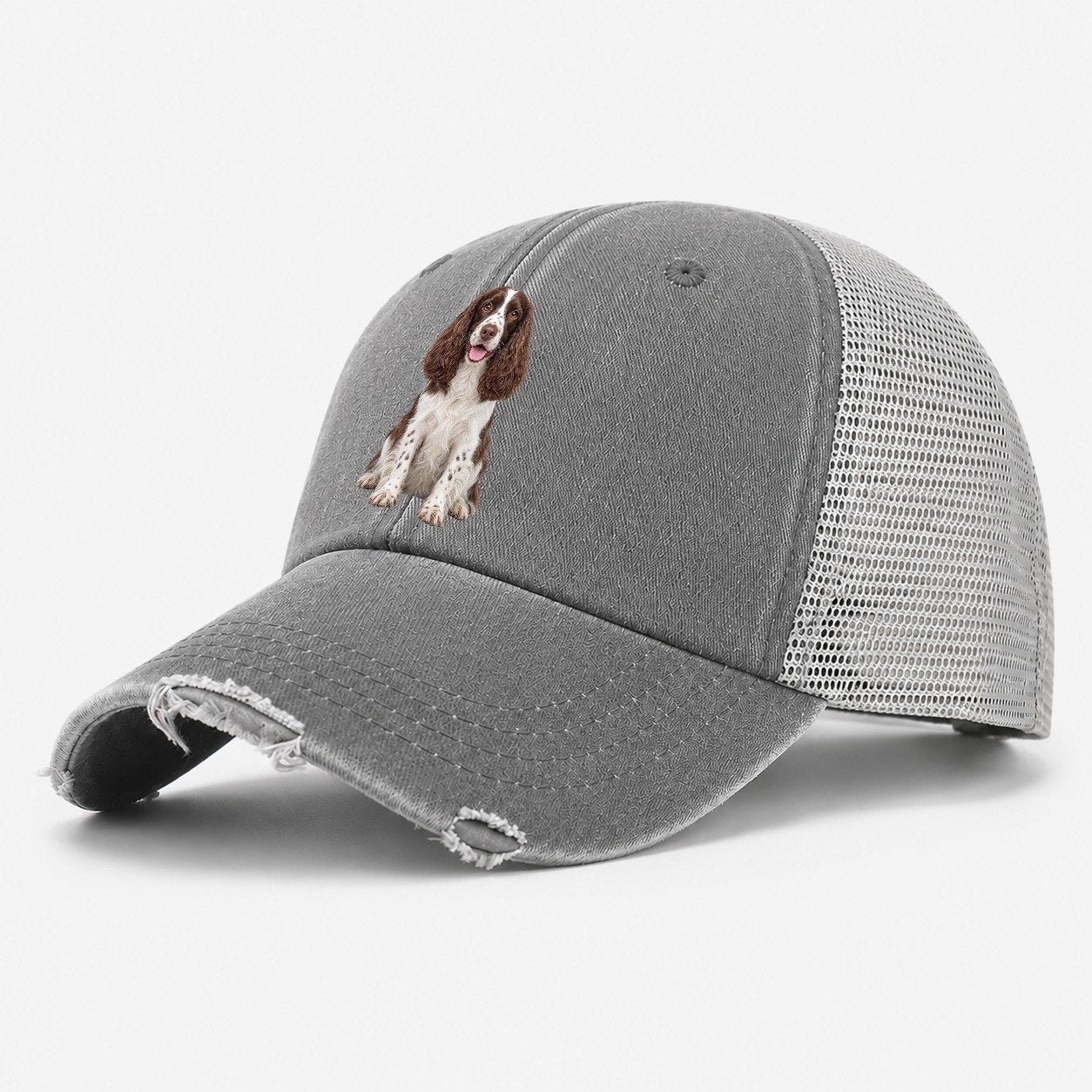 English Springer Spaniel Sitting Top Breeds Washed Trucker Hat – Grey