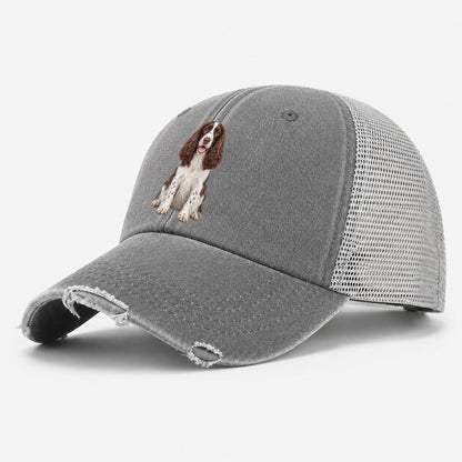 English Springer Spaniel Sitting Top Breeds Washed Trucker Hat – Grey