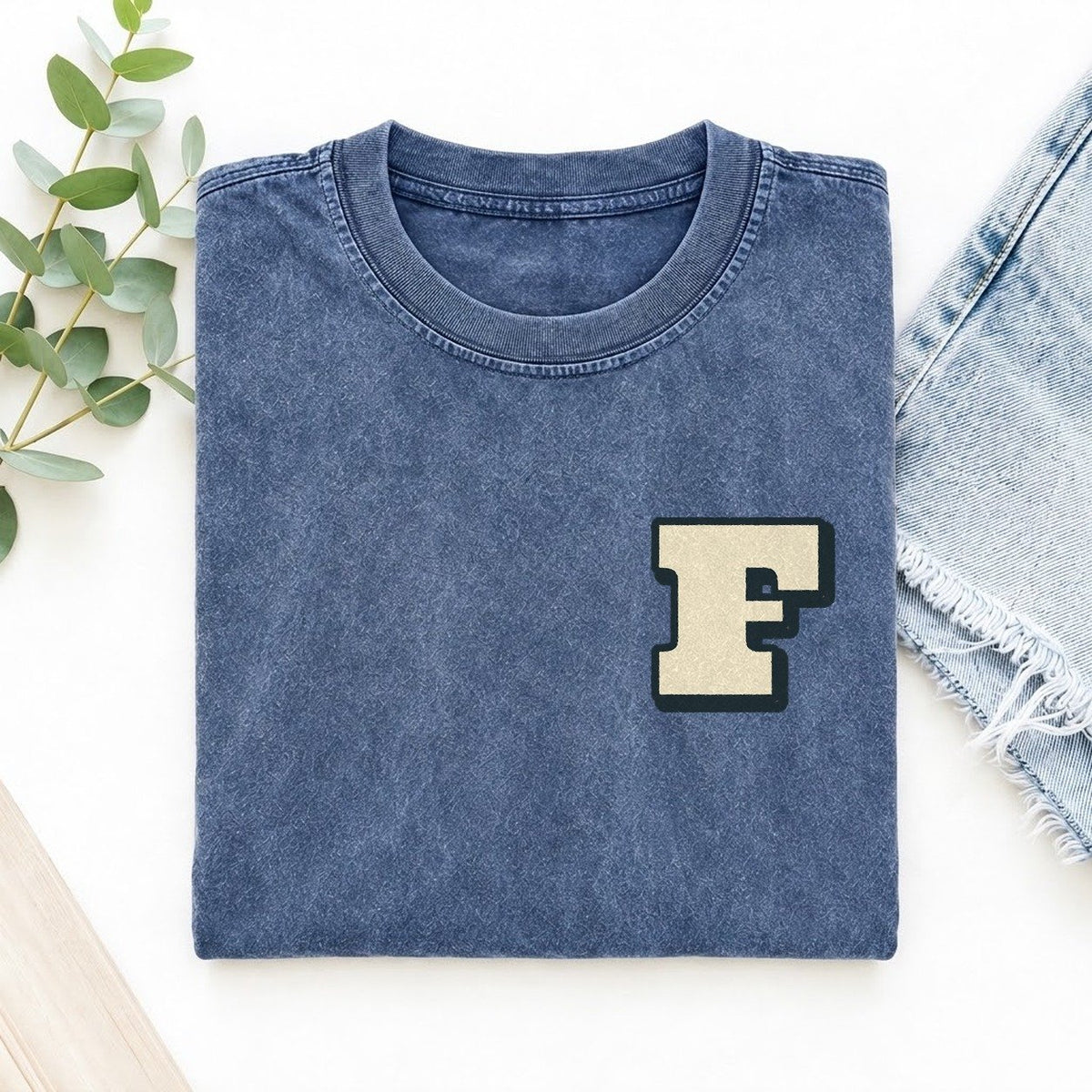 Initial F Left Chest Vintage T-shirt – Washed Blue