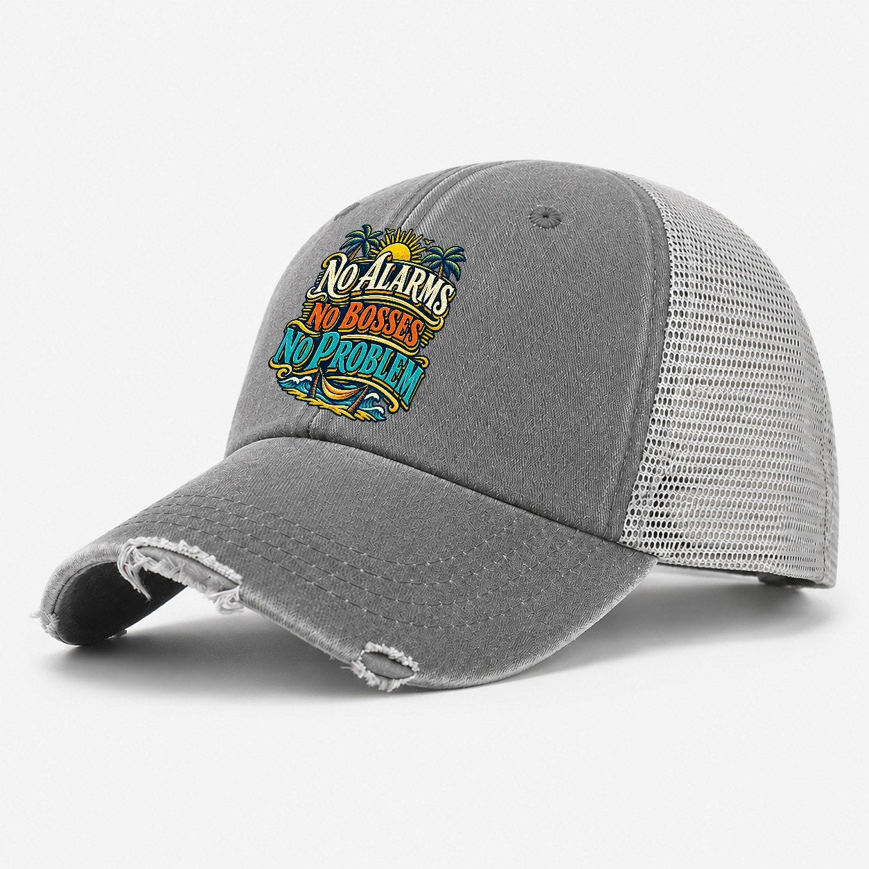 No Alarms No Bosses No Problem Retired Living Washed Trucker Hat – Grey