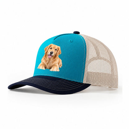 Golden Retriever Head Tilt Close Up Top Breeds Trucker Hat – Teal Navy