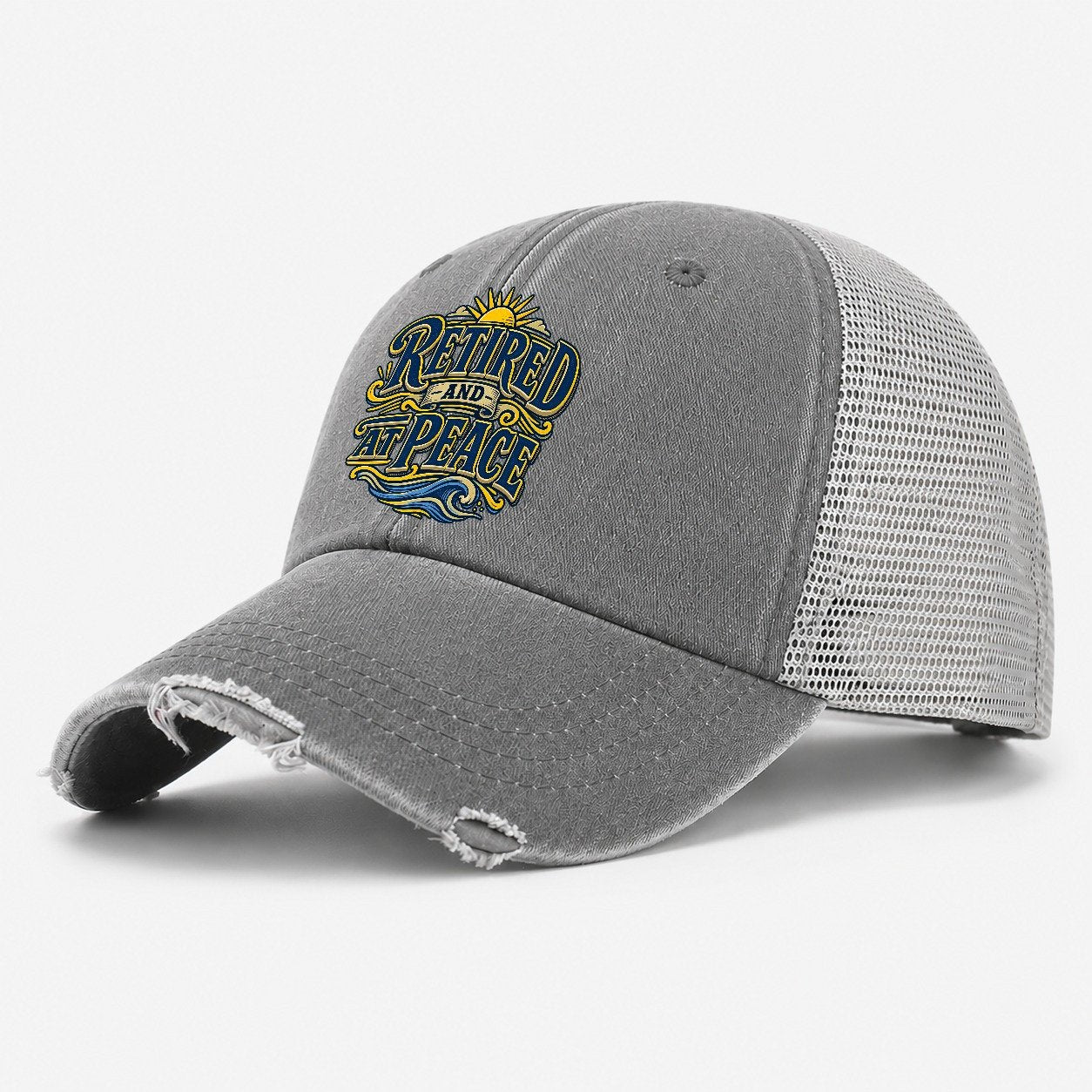 Retired And At Peace Retired Living Washed Trucker Hat – Grey