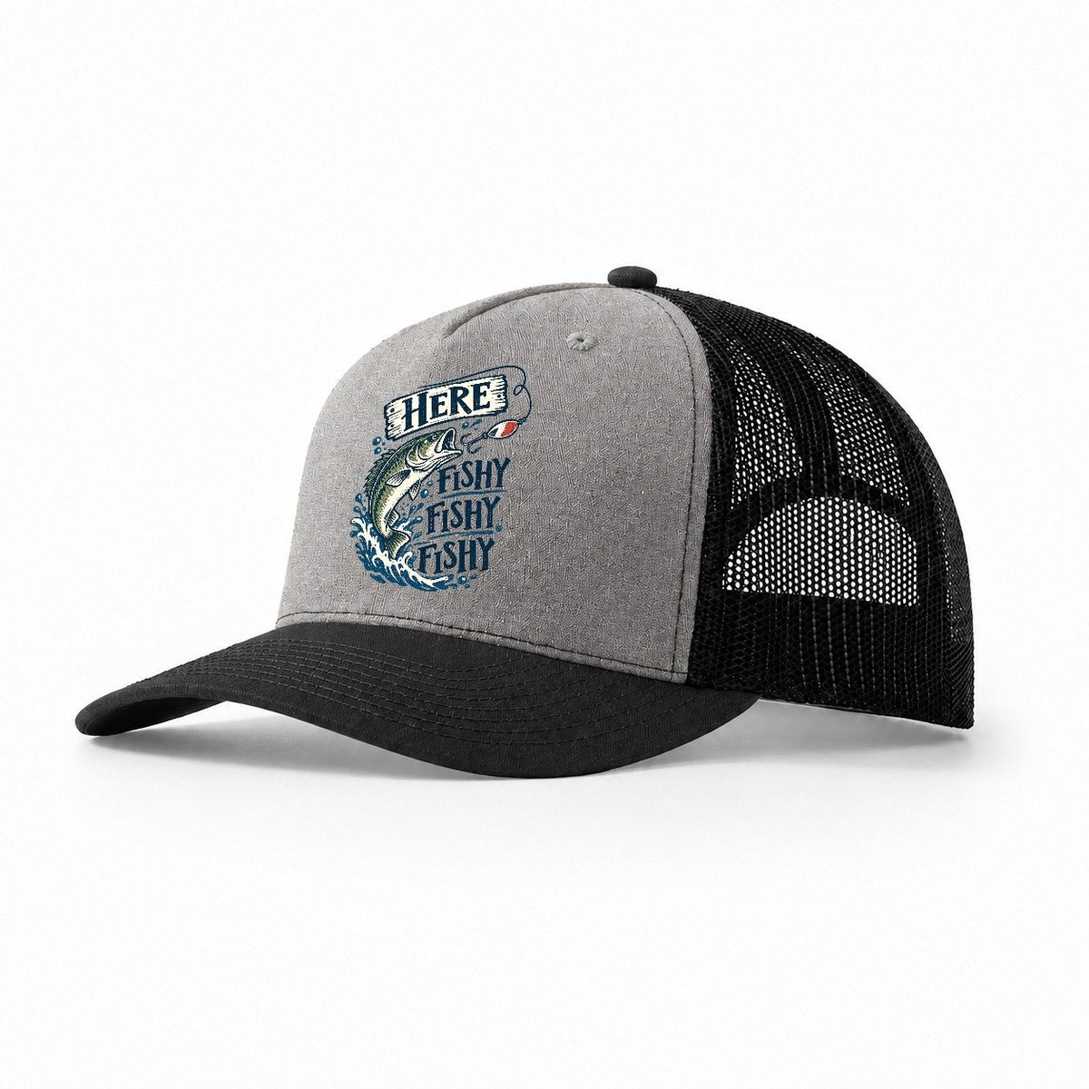 Here Fishy Fishy Bass Splash Trucker Hat – Grey Black