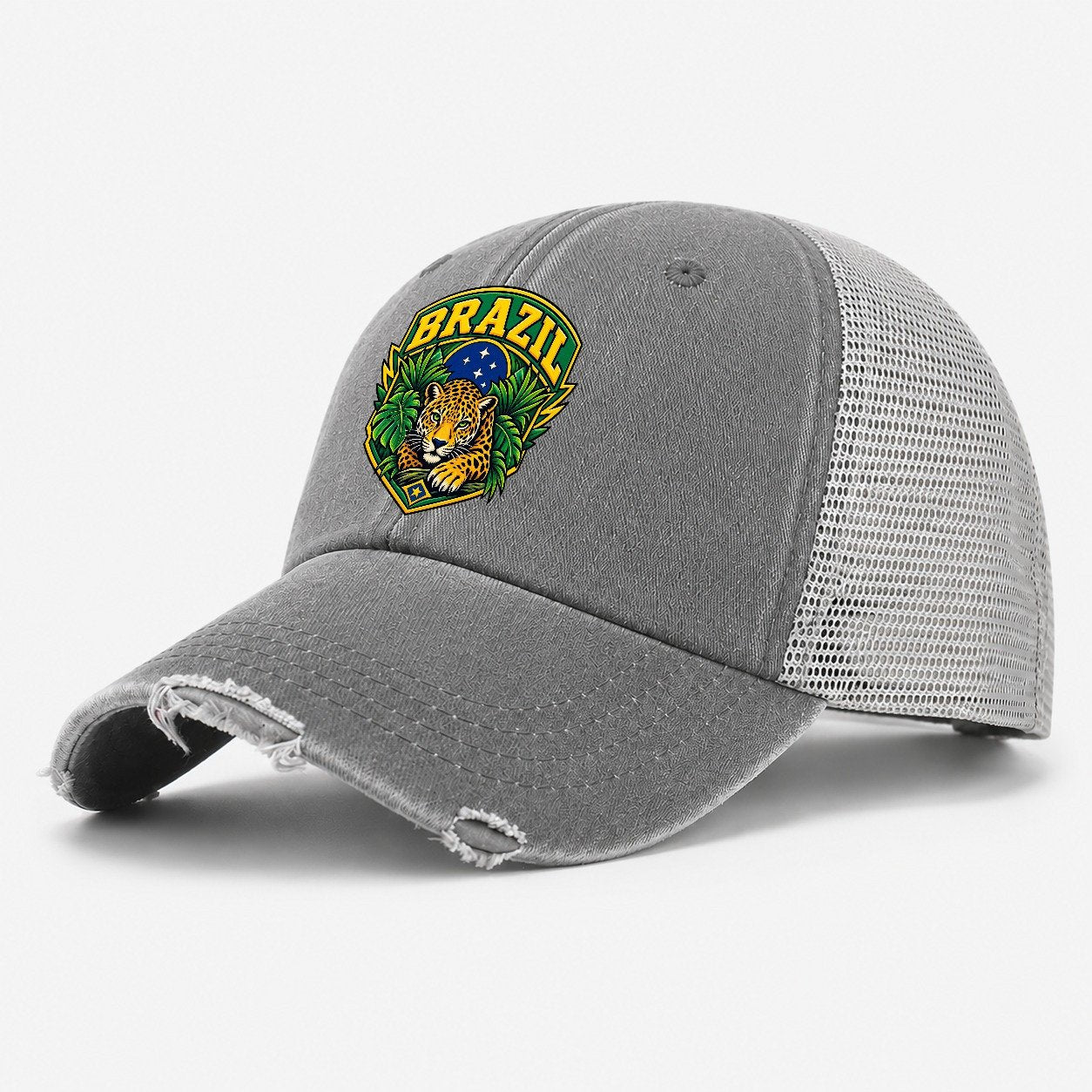 Brazil Retro Badge Country Logos Washed Trucker Hat – Grey