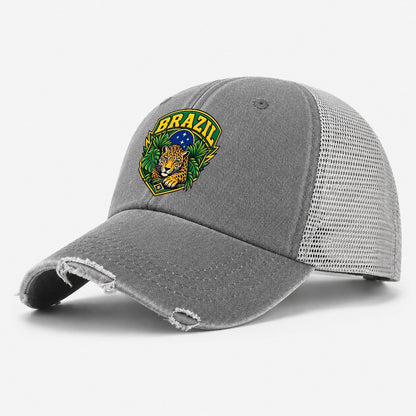 Brazil Retro Badge Country Logos Washed Trucker Hat – Grey
