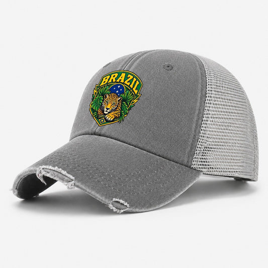 Brazil Retro Badge Country Logos Washed Trucker Hat – Grey