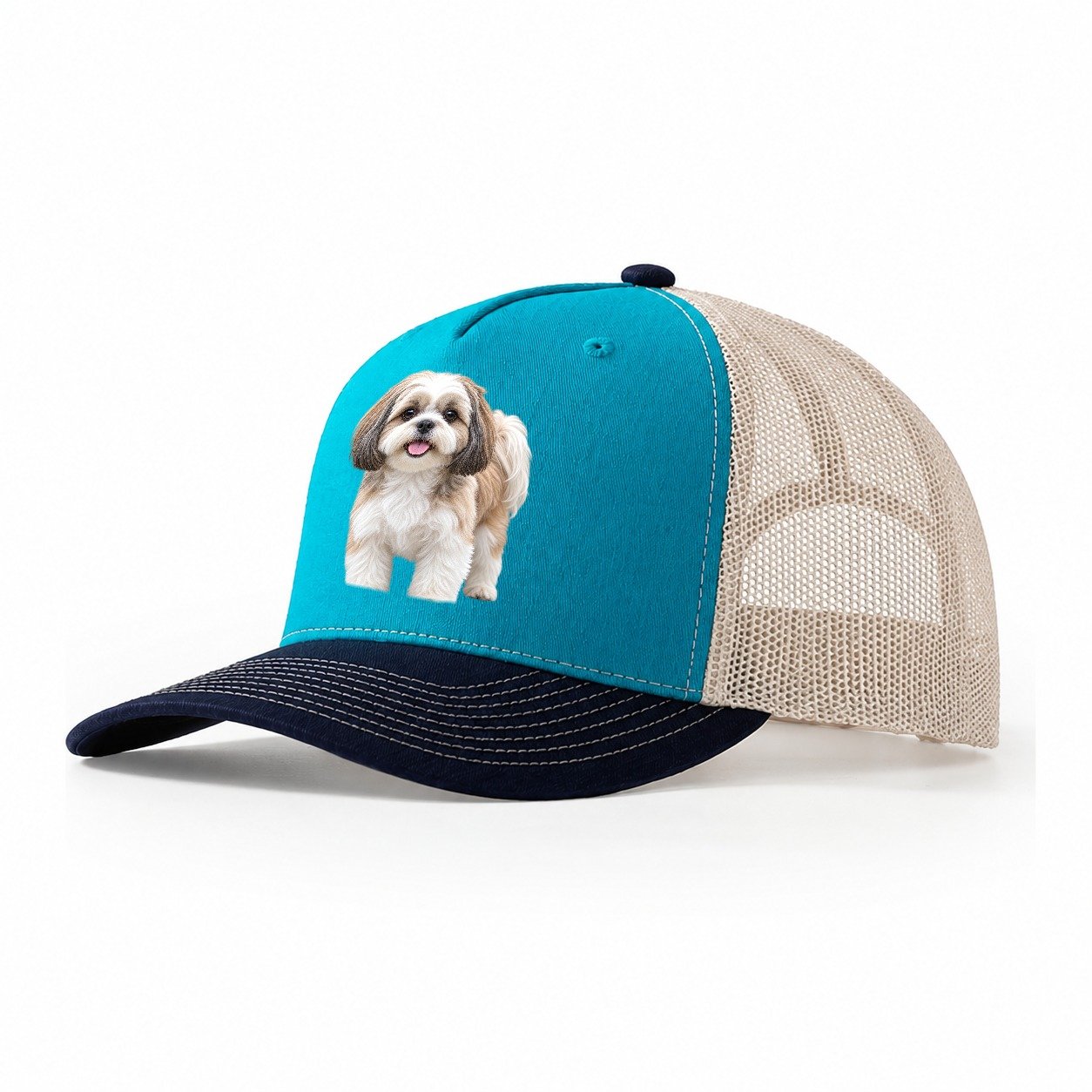 Shih Tzu Standing Top Breeds Trucker Hat – Teal Navy
