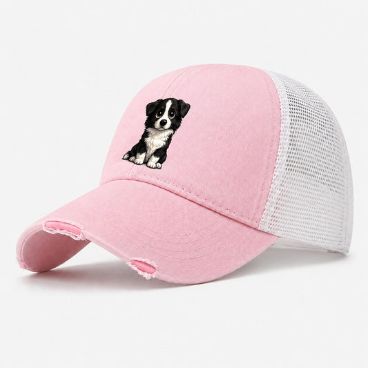 Border Collie Sitting Sweetheart Washed Trucker Hat – Light Pink