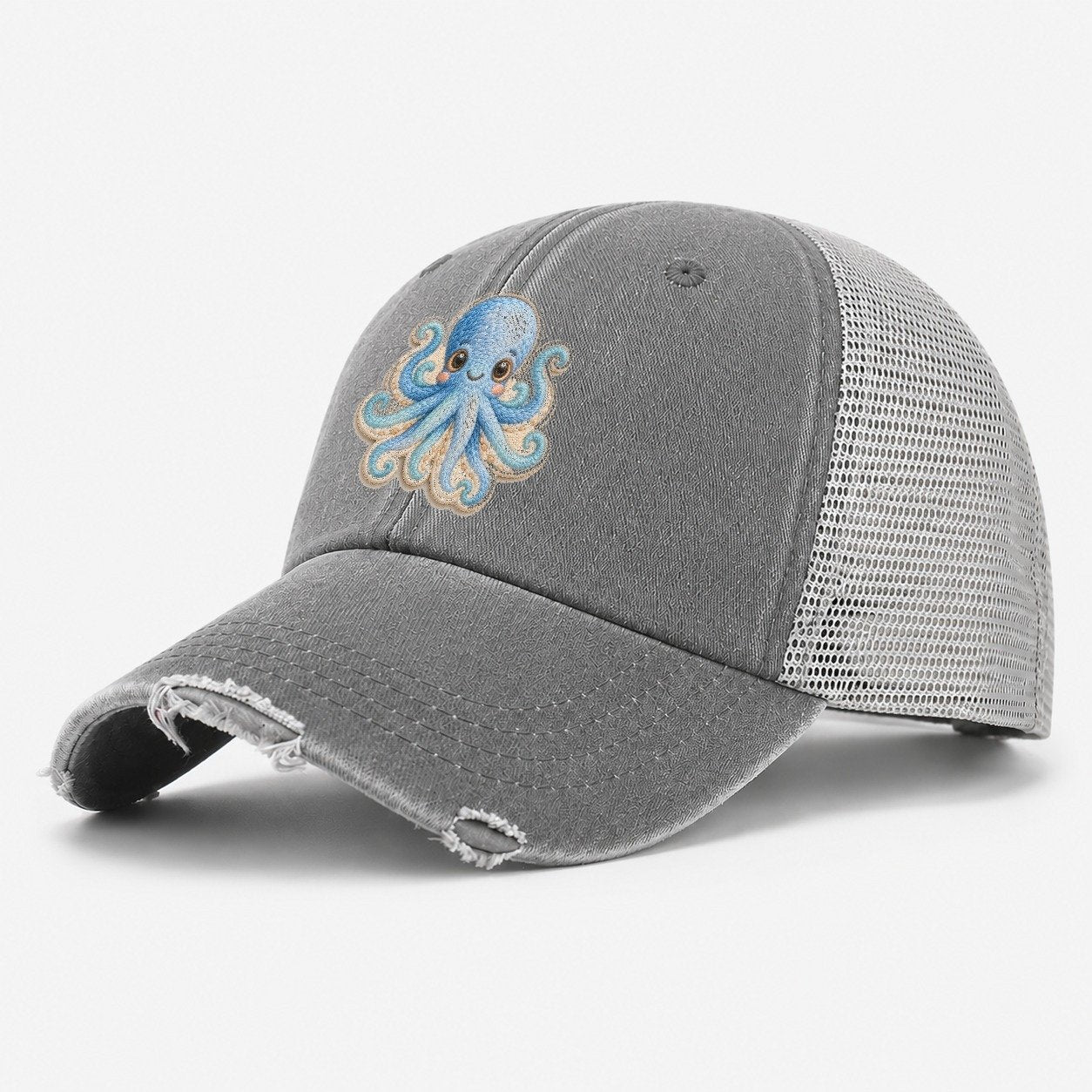 Pufferfish Puff Hello Sea Sprite Washed Trucker Hat – Grey
