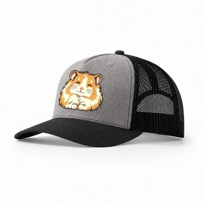 Syrian Hamster Sleepy Eyes Small Pet Logos Trucker Hat – Grey Black