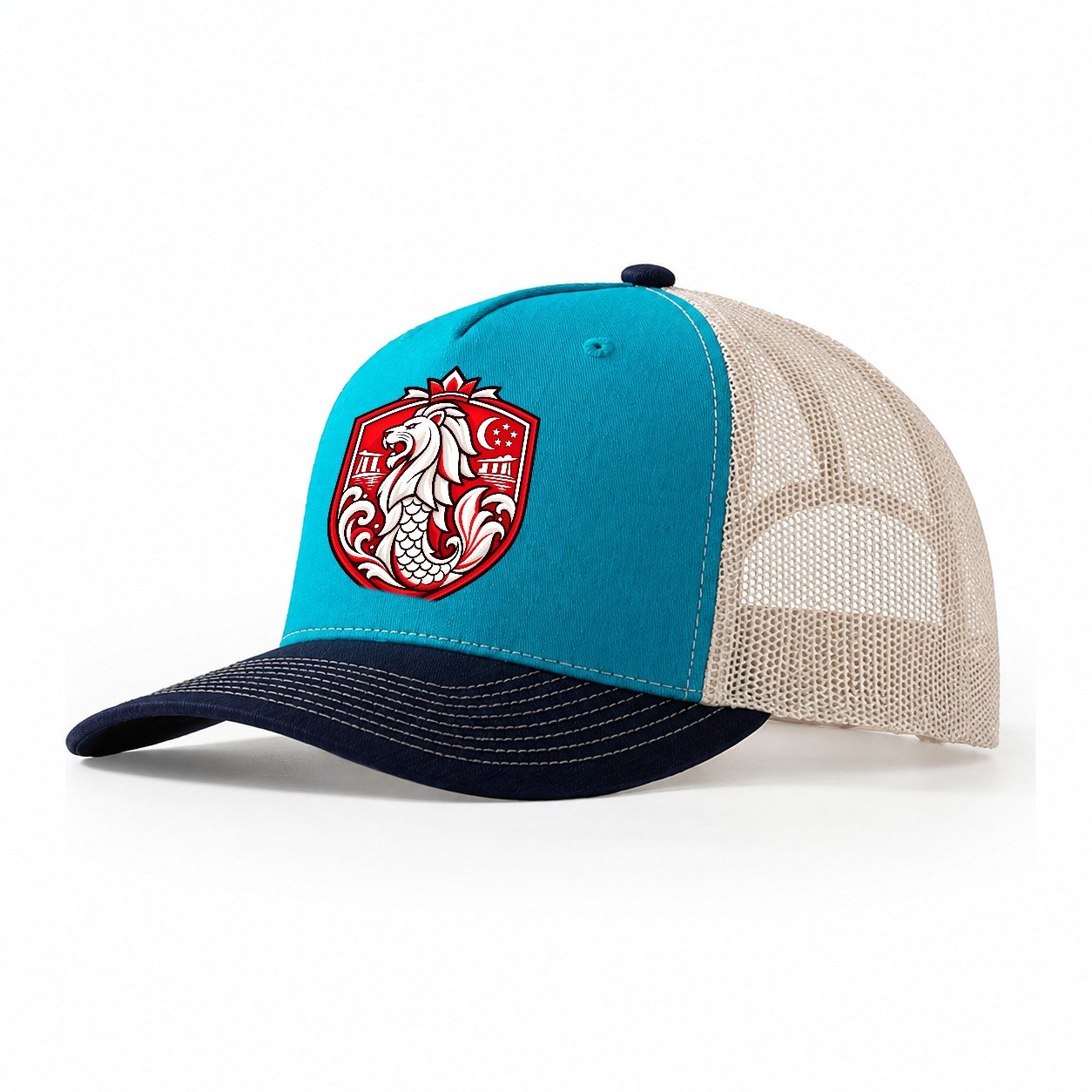 Singapore Minimal Emblem Country Logos Trucker Hat – Teal Navy