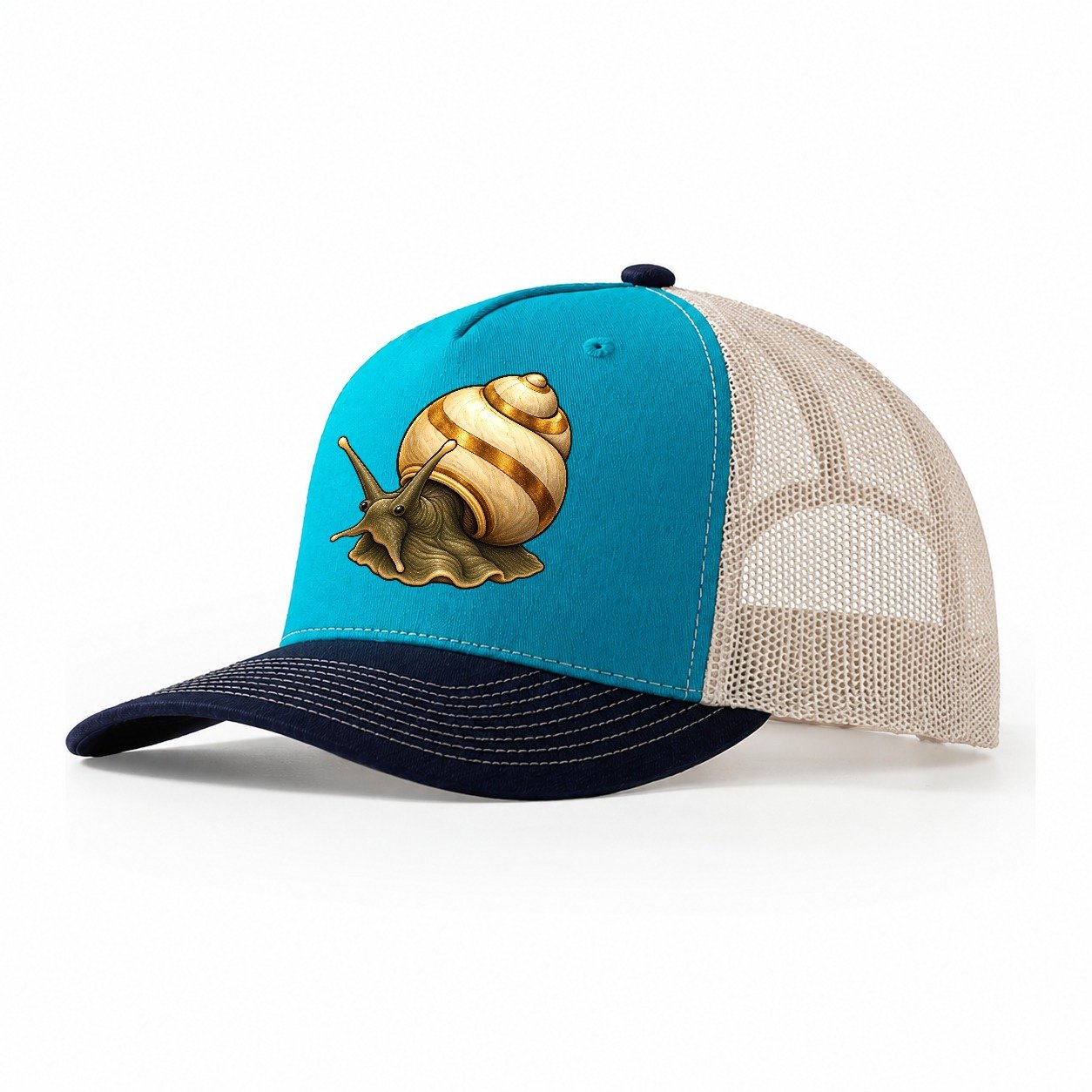 Mystery Snail Portrait Aquarium Keeping Trucker Hat – Teal Navy