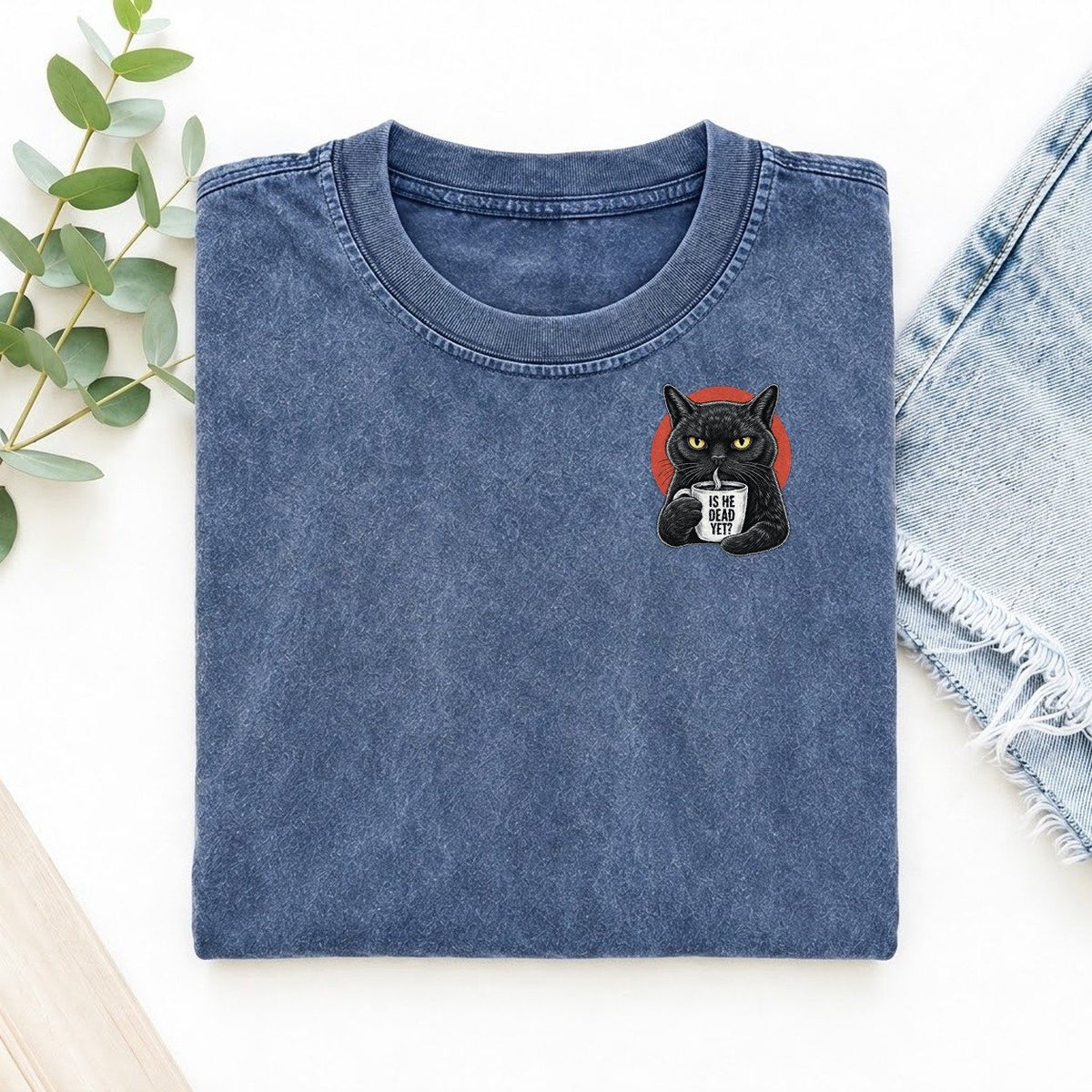Is He Dead Yet Cat Left Chest Vintage T-shirt – Washed Blue