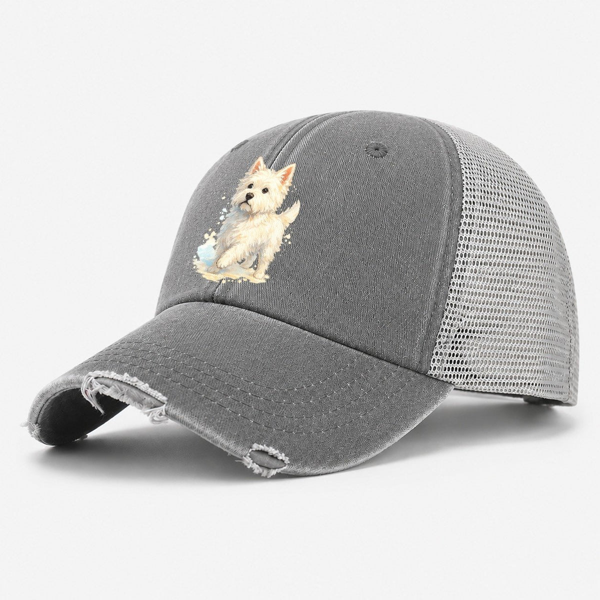 Westie Watercolor Portrait Washed Trucker Hat – Grey