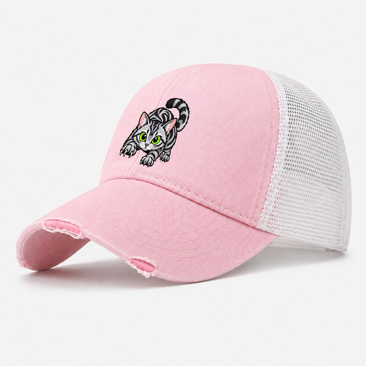Silver Tabby Stalking Peeking Cats Washed Trucker Hat – Light Pink