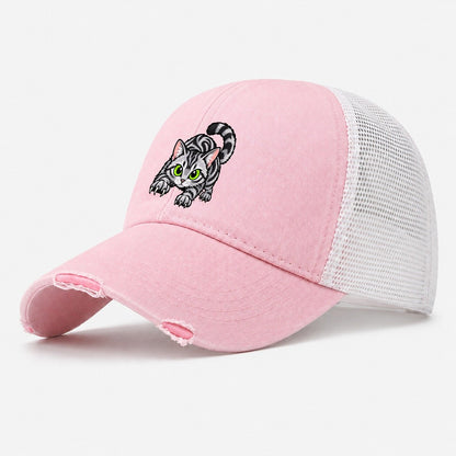 Silver Tabby Stalking Peeking Cats Washed Trucker Hat – Light Pink