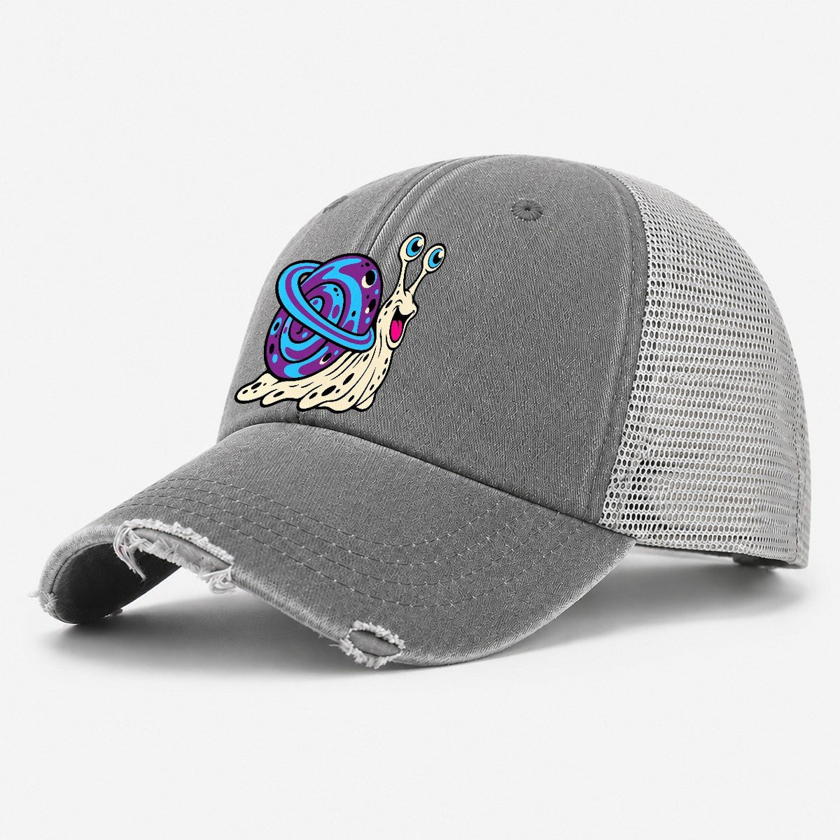 Snail Shell Planet Crazy Styles Washed Trucker Hat – Grey