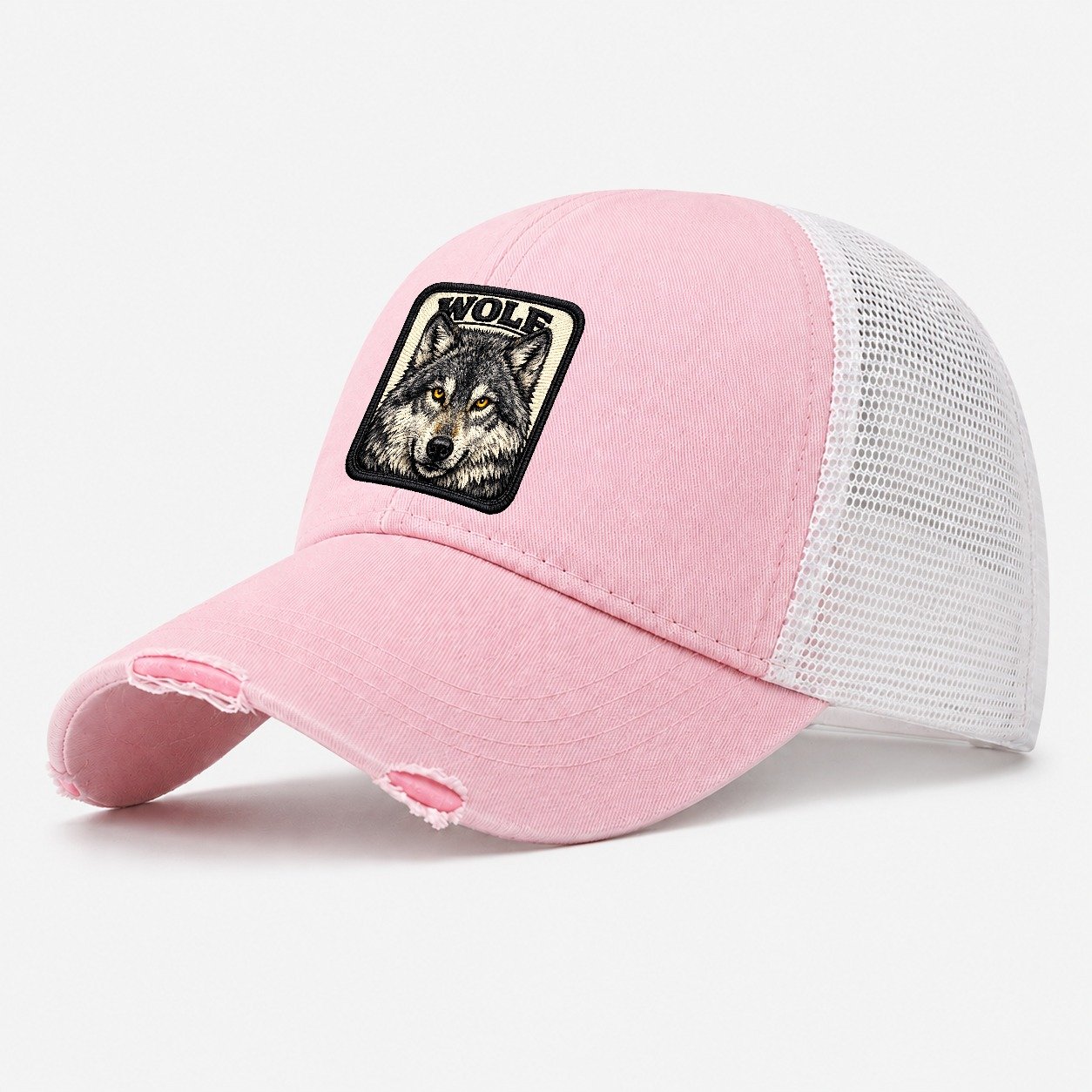 Wolf Design Washed Trucker Hat – Light Pink