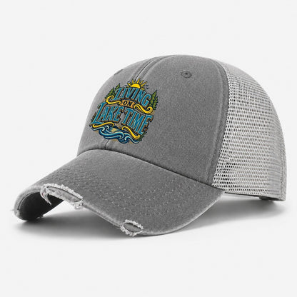 Living On Lake Time Retired Living Washed Trucker Hat – Grey