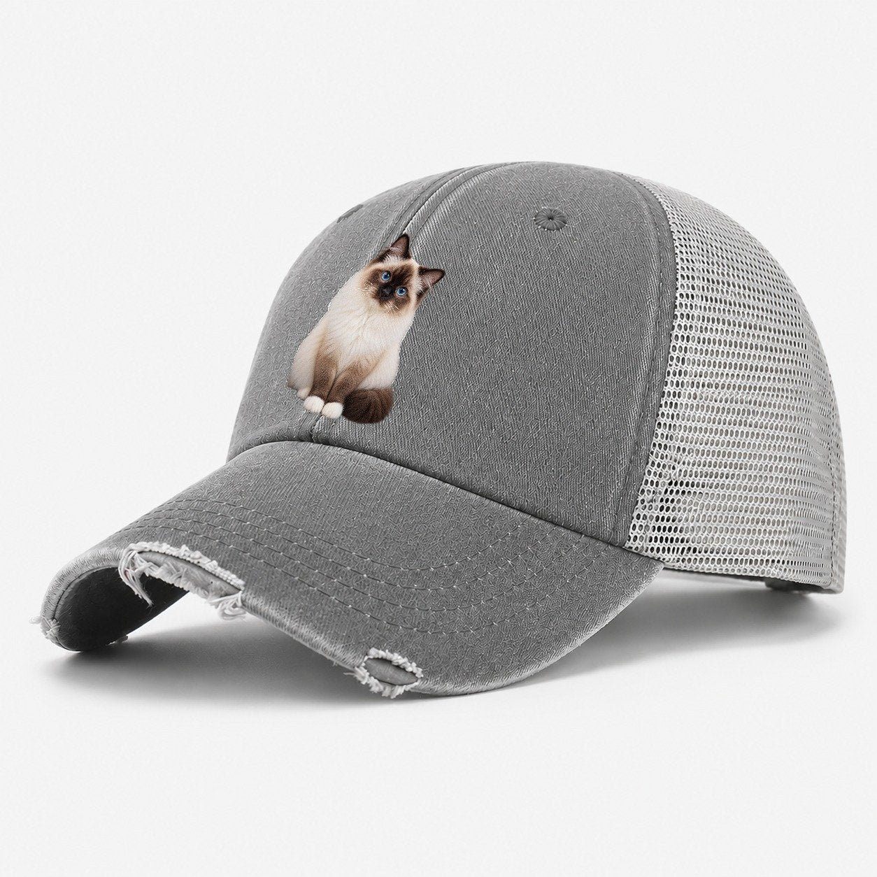 Birman Seated Portrait Realistic Cat Portrait Washed Trucker Hat – Grey