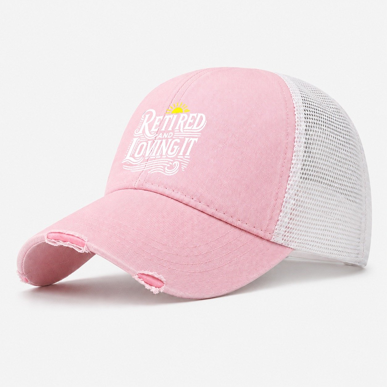 Retired And Loving It Design Washed Trucker Hat – Light Pink