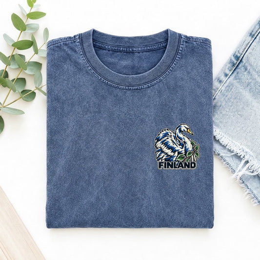 Finland Country Pride Left Chest Vintage T-shirt – Washed Blue