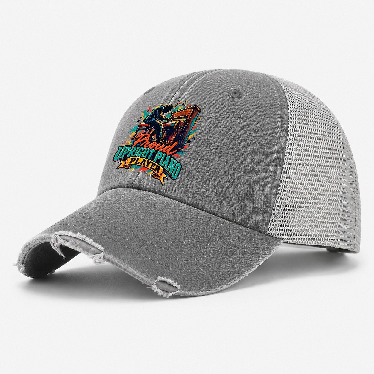 Proud Upright Piano Player Music Instruments Washed Trucker Hat – Grey