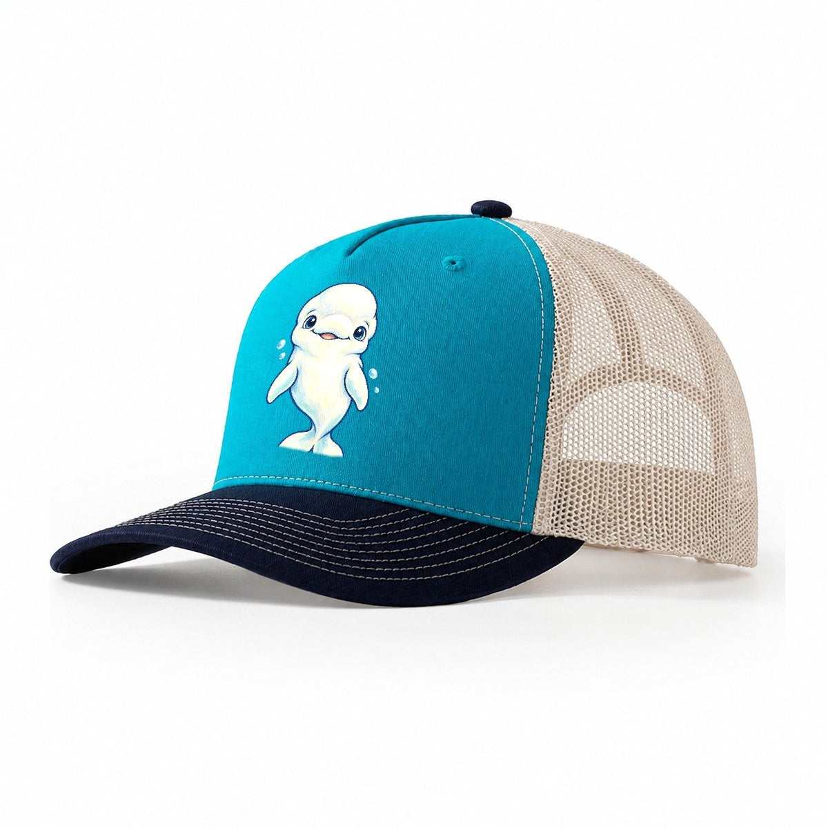 Beluga Whale Front Smile Sea Sprite Trucker Hat – Teal Navy