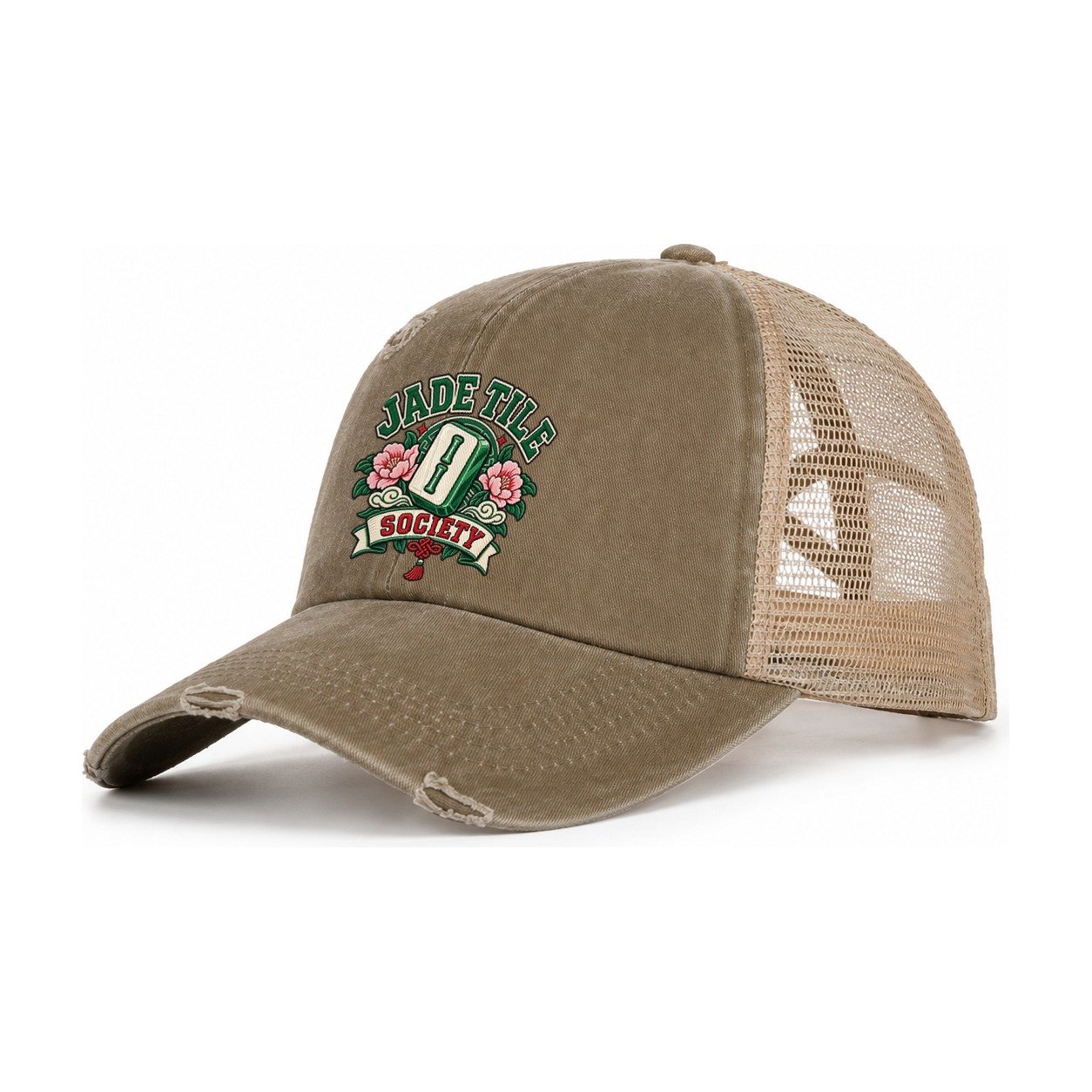 Jade Tile Society Mahjong Game Night Women's Ponytail Trucker Hat – Taupe Khaki