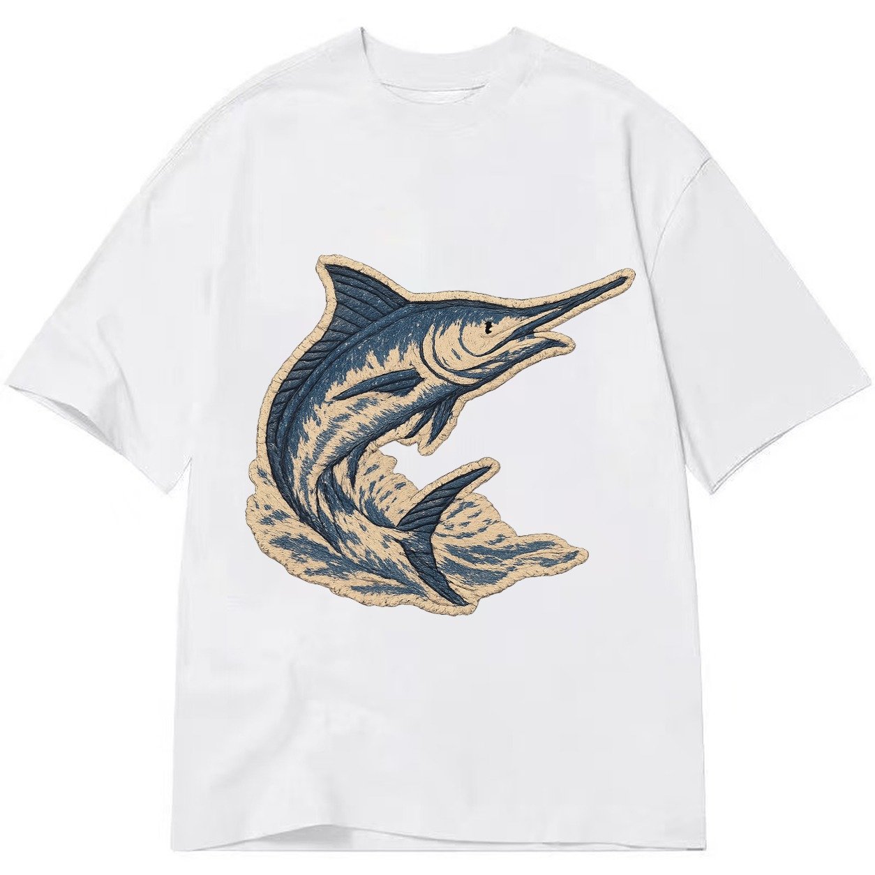 Embroidered Patch Design Swordfish Marlin Leaping Marlin In Classic T-shirt – White