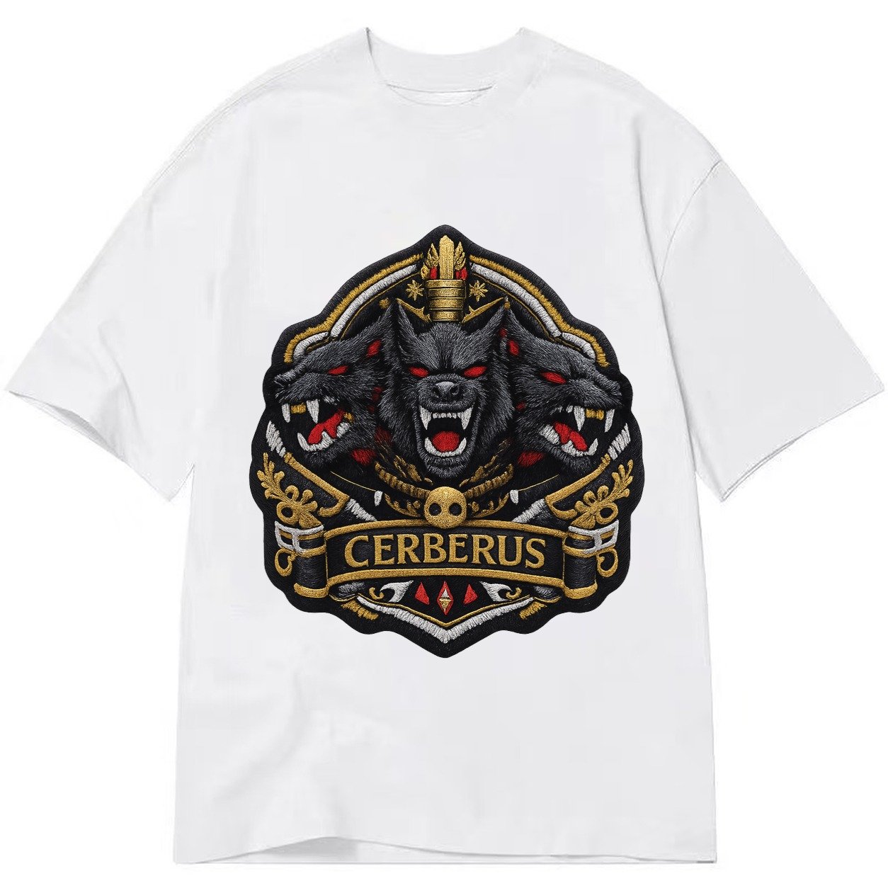 Embroidered Patch Design Cerberus Three Heads Triple Hound I Classic T-shirt – White