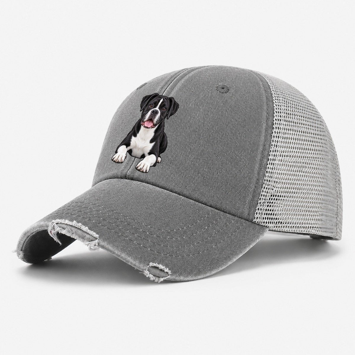 Black And White Boxer Washed Trucker Hat – Grey