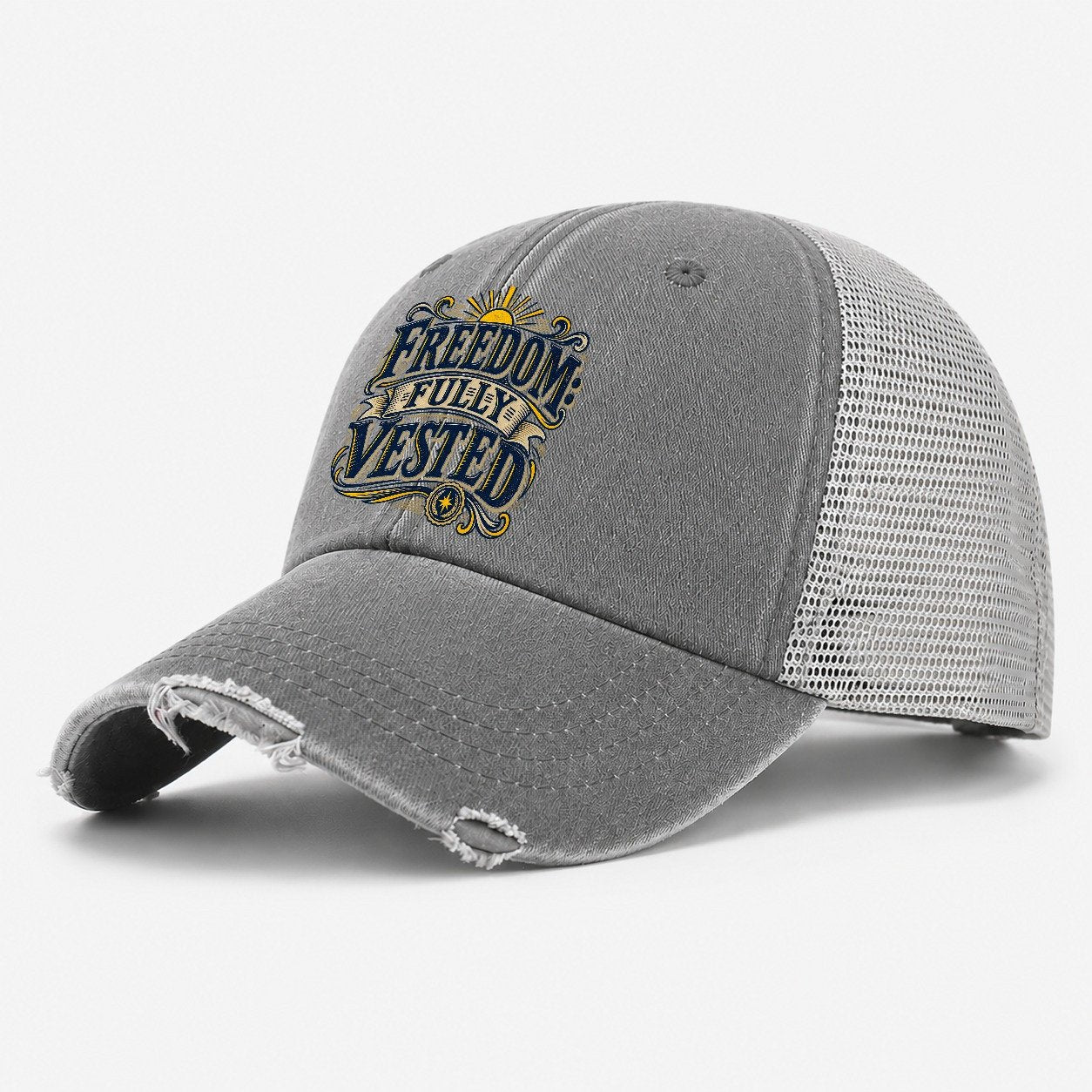 Freedom Fully Vested Retired Living Washed Trucker Hat – Grey