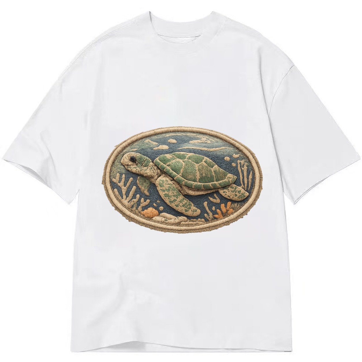 Embroidered Patch Design Sea Turtle Swimming Turtle In Green Classic T-shirt – White