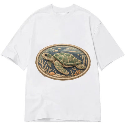 Embroidered Patch Design Sea Turtle Swimming Turtle In Green Classic T-shirt – White