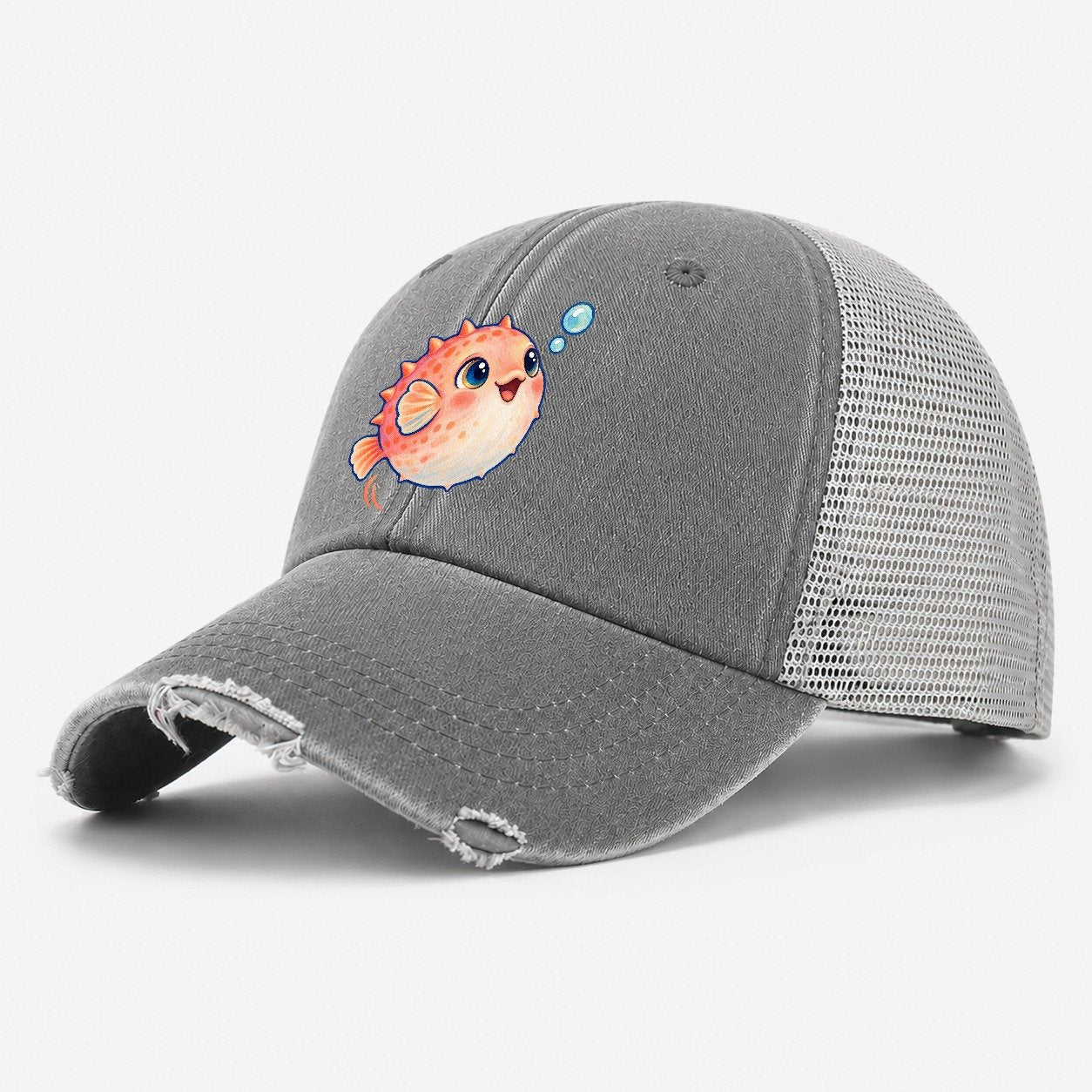 Pufferfish Bubble Bounce Sea Sprite Washed Trucker Hat – Grey