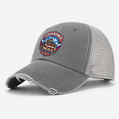 Czech Republic Retro Badge Country Logos Washed Trucker Hat – Grey