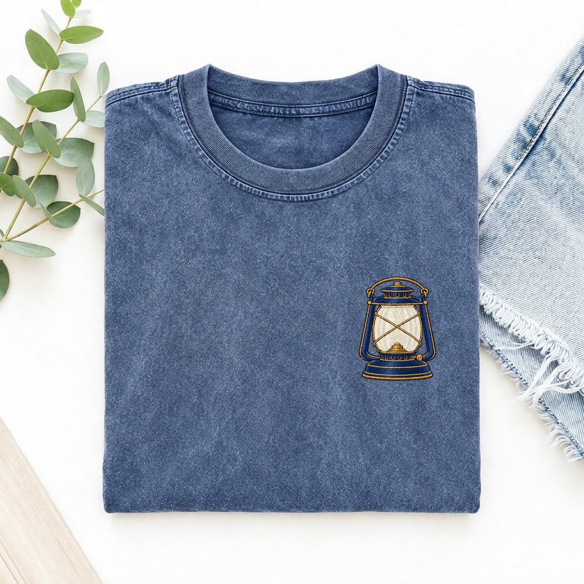 Camp Lantern Symbol Emblems Left Chest Vintage T-shirt – Washed Blue