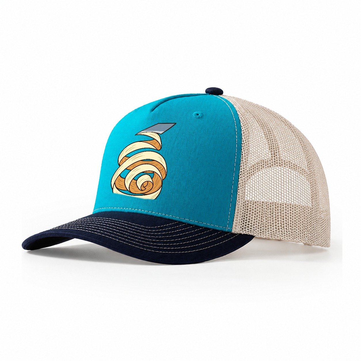 Wood Shaving Spiral Woodworking Trucker Hat – Teal Navy