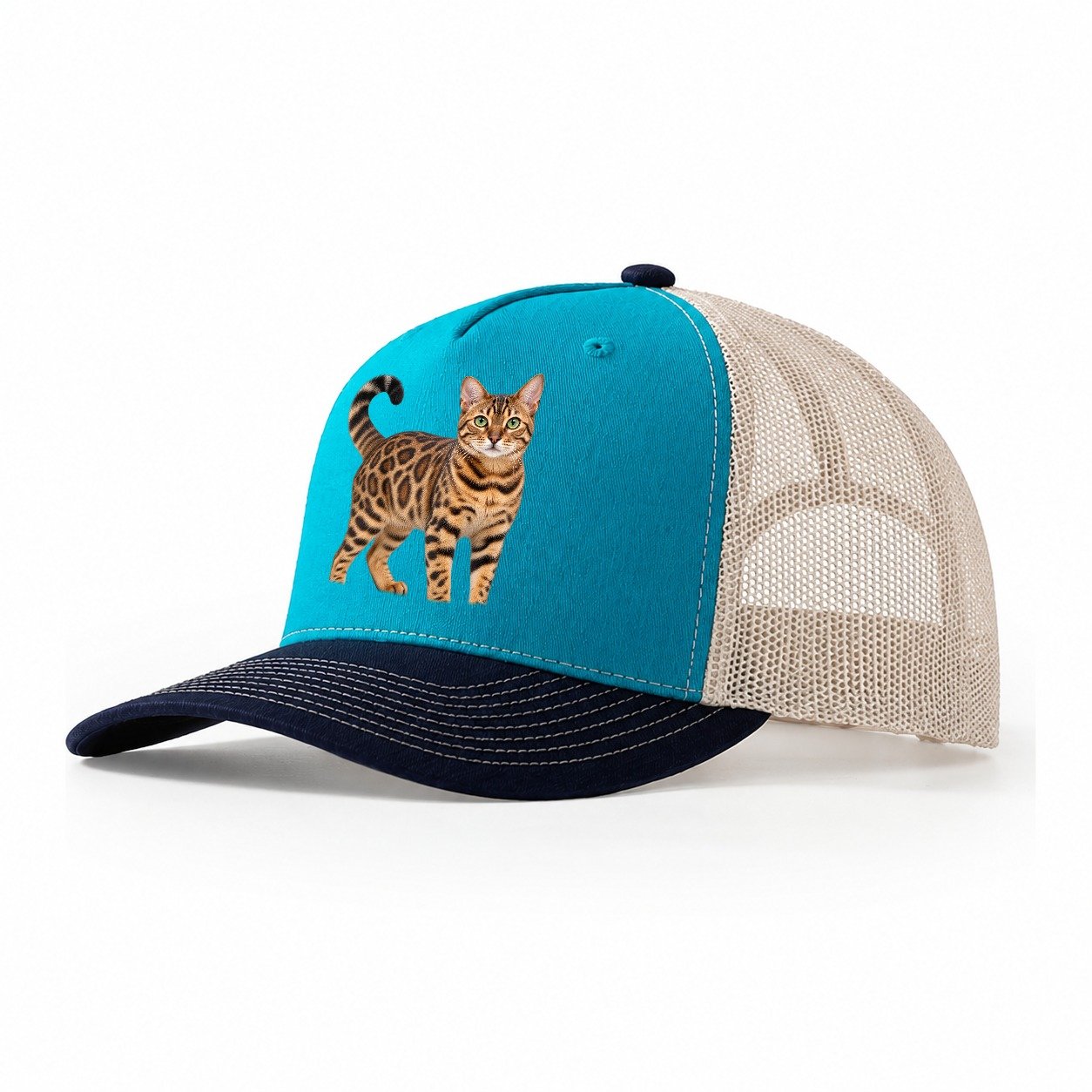 Bengal Standing Three Quarter Realistic Cat Portrait Trucker Hat – Teal Navy
