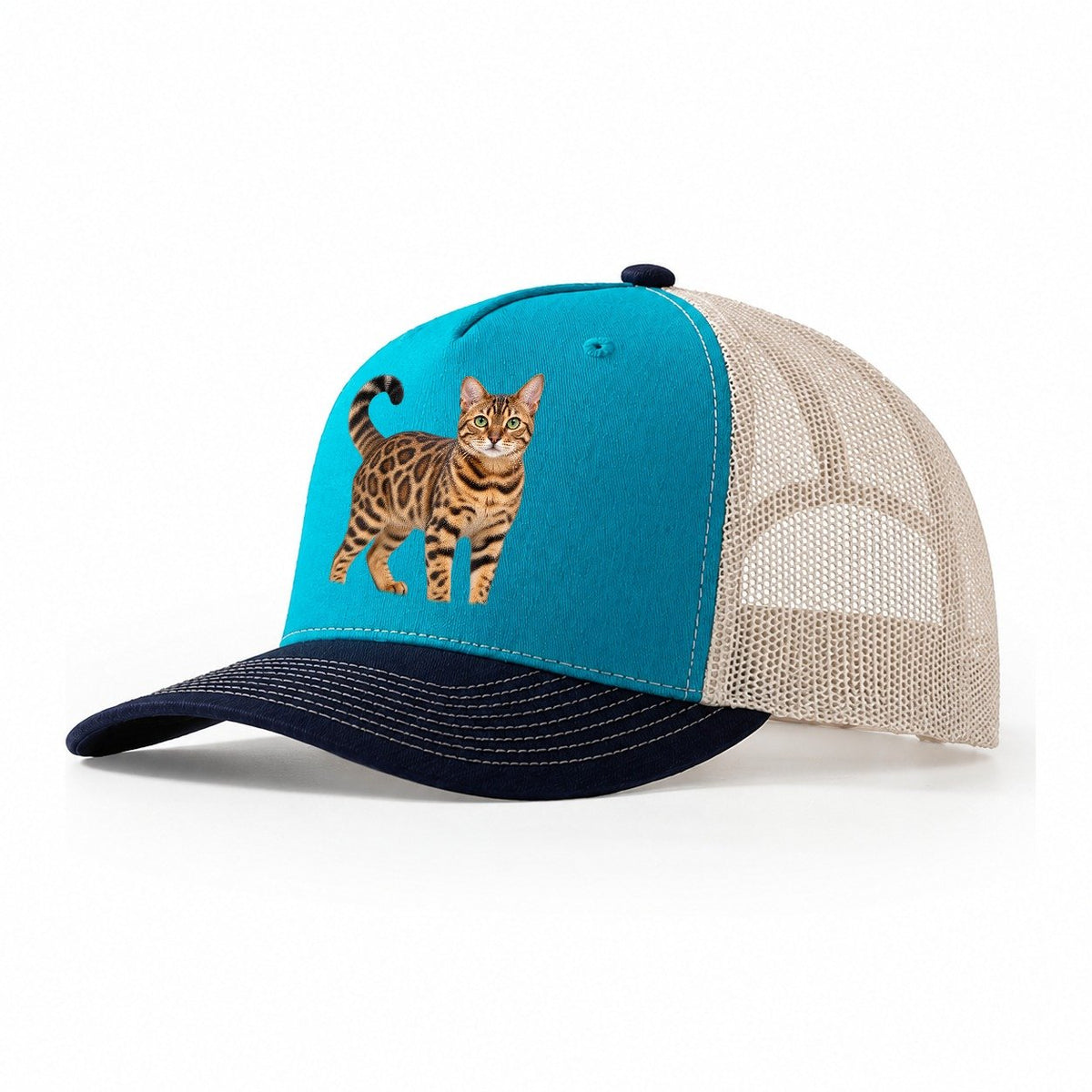 Bengal Standing Three Quarter Realistic Cat Portrait Trucker Hat – Teal Navy