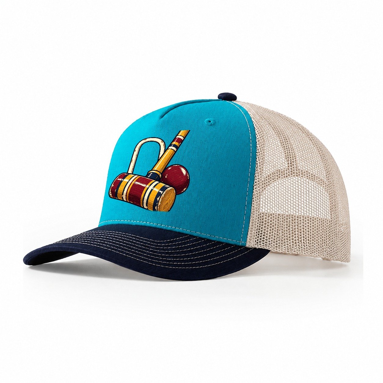 Croquet Mallet Hoop And Burgundy Ball Uk Culture Heritage Trucker Hat – Teal Navy
