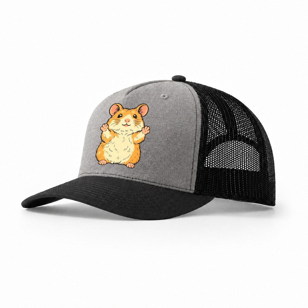 Hamster Paws Up Small Pet Logos Trucker Hat – Grey Black