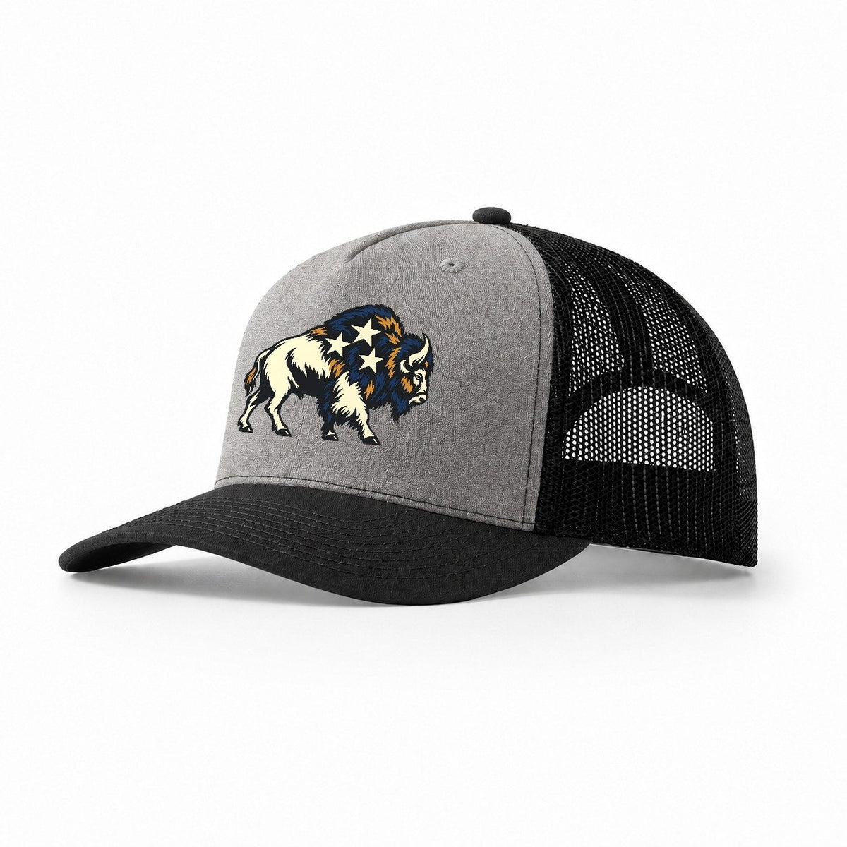 Bison Night Sky Sundown Familiars Trucker Hat – Grey Black