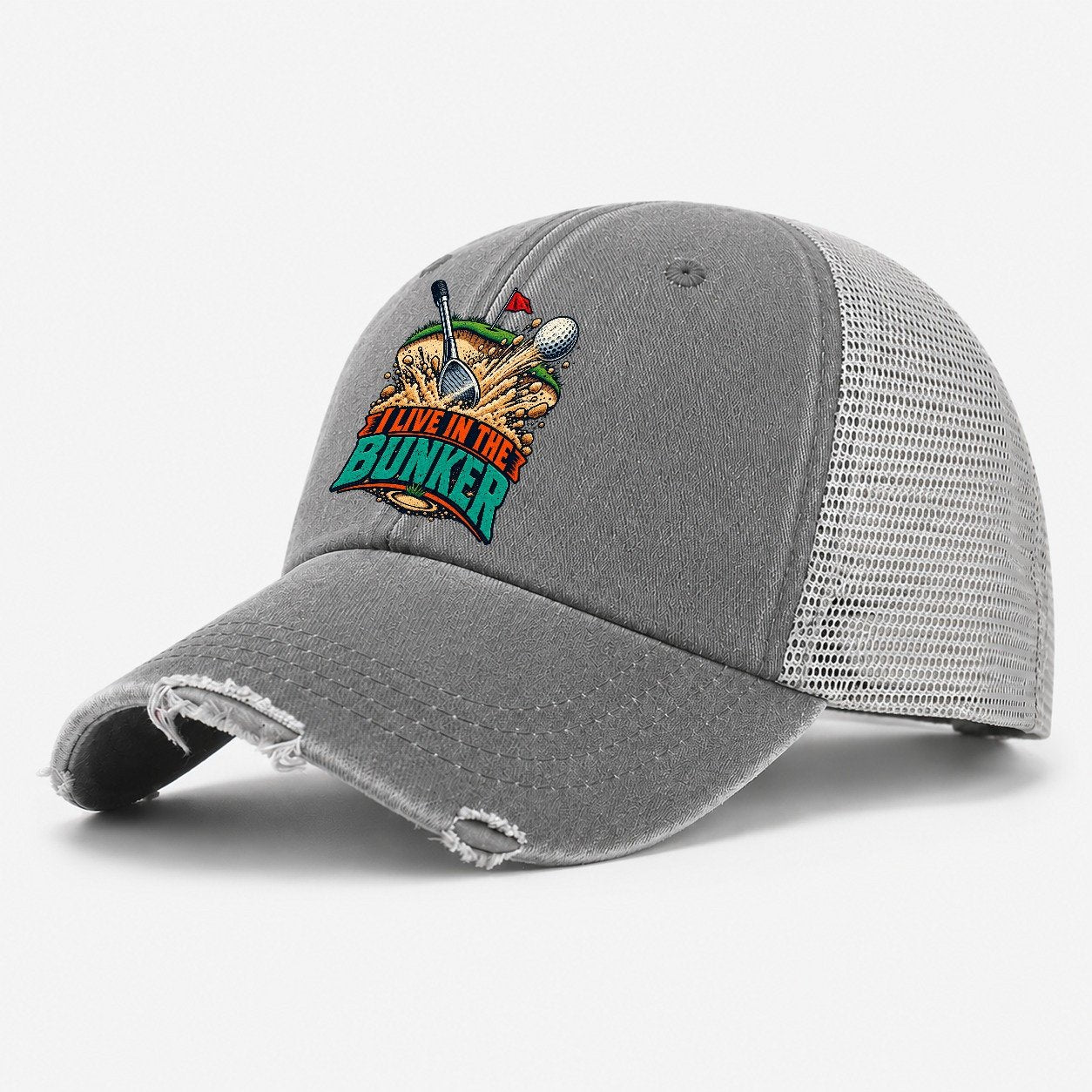 I Live In The Bunker Golf Life Washed Trucker Hat – Grey