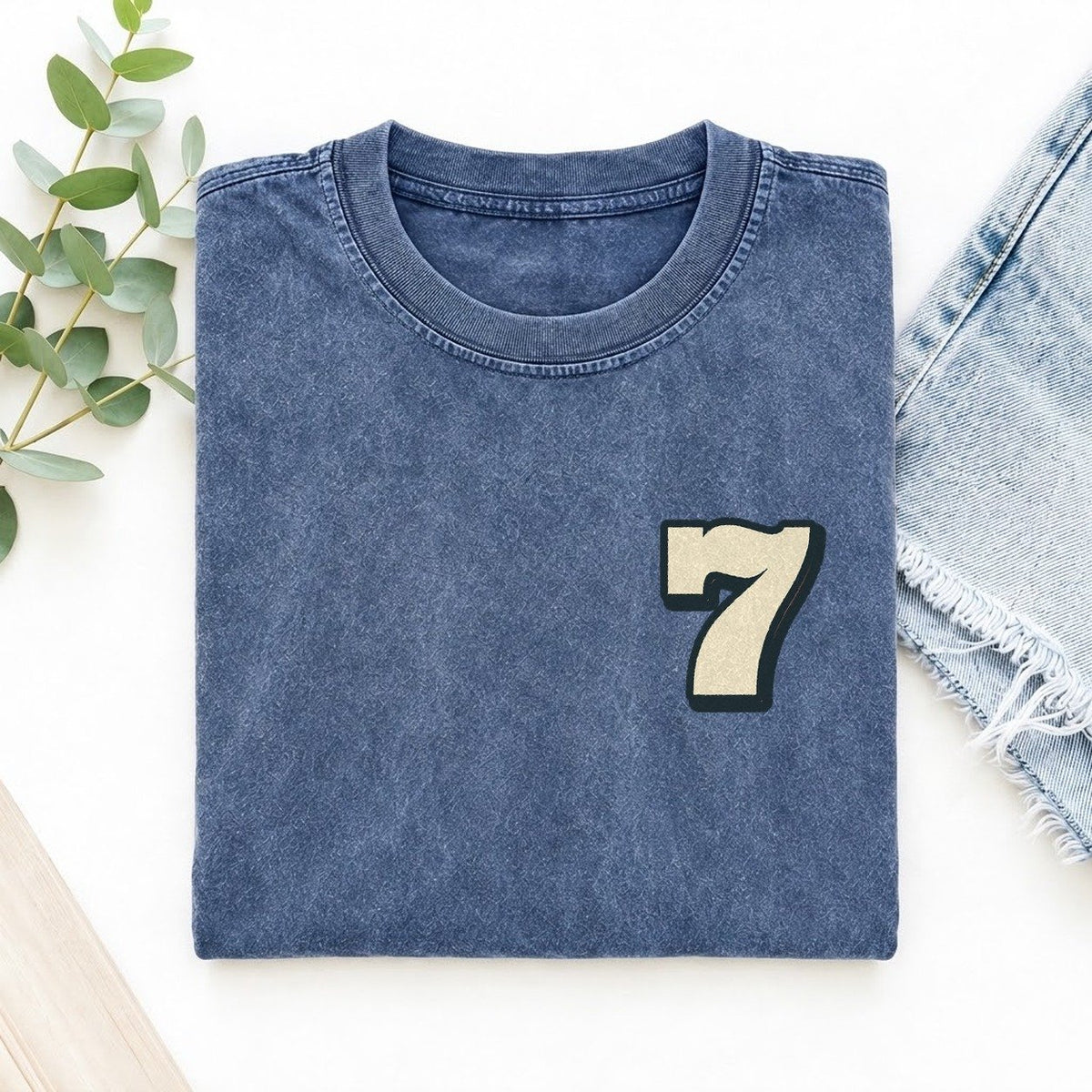 Number 7 Left Chest Vintage T-shirt – Washed Blue