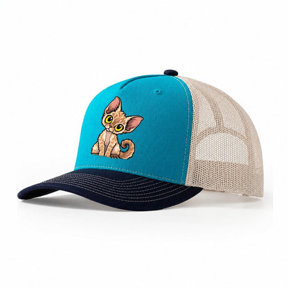 Devon Rex Head Tilt Peeking Cats Trucker Hat – Teal Navy