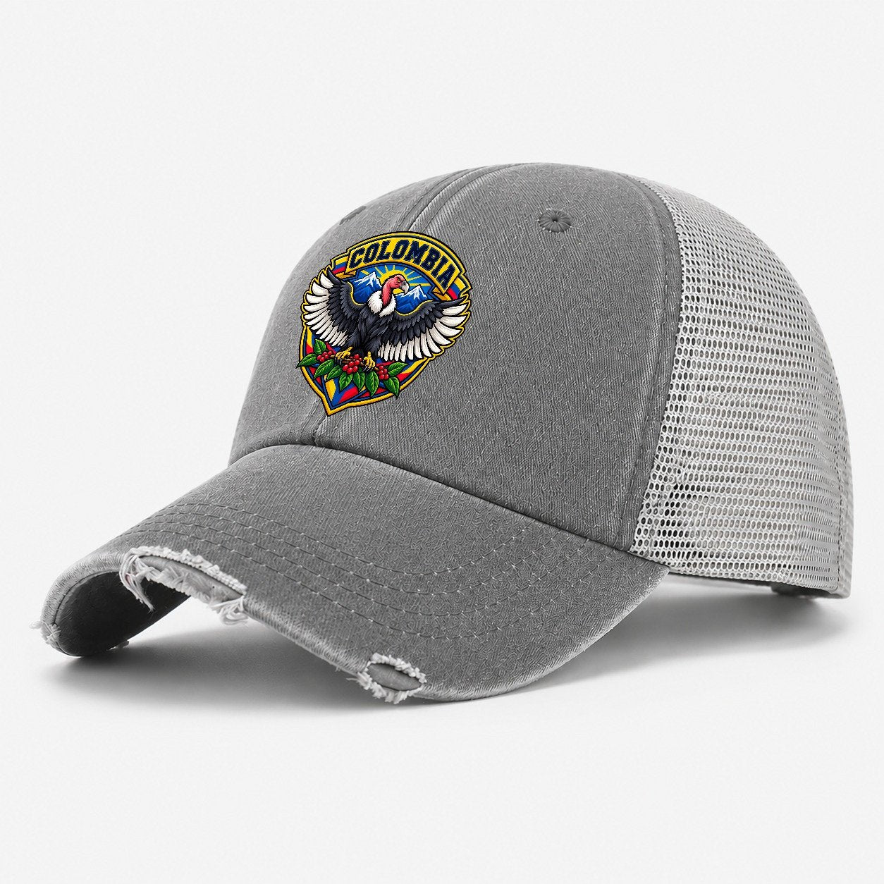 Colombia Retro Badge Country Logos Washed Trucker Hat – Grey