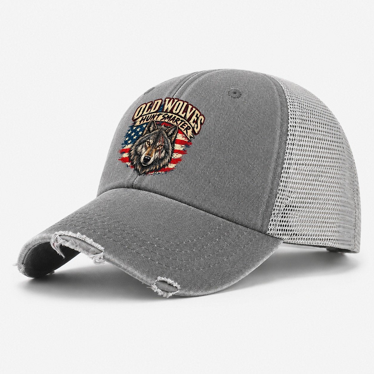 Old Wolves Hunt Smarter Old Man Strong Washed Trucker Hat – Grey