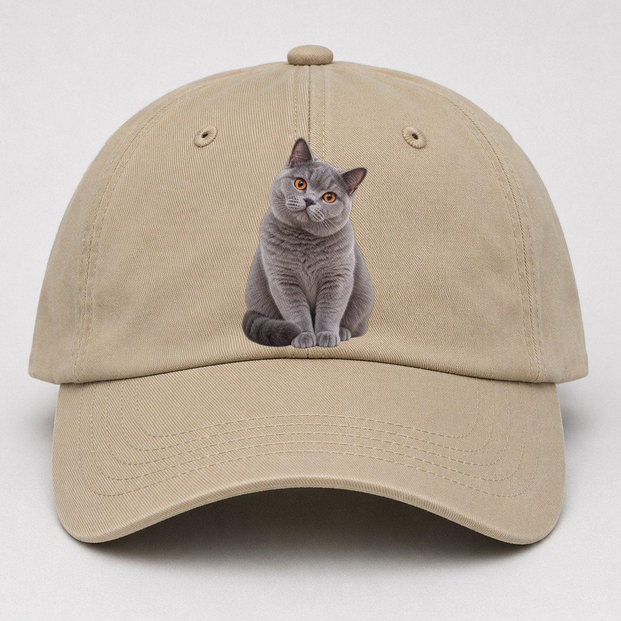 British Shorthair Seated Portrait Realistic Cat Portrait Baseball Cap – Khaki